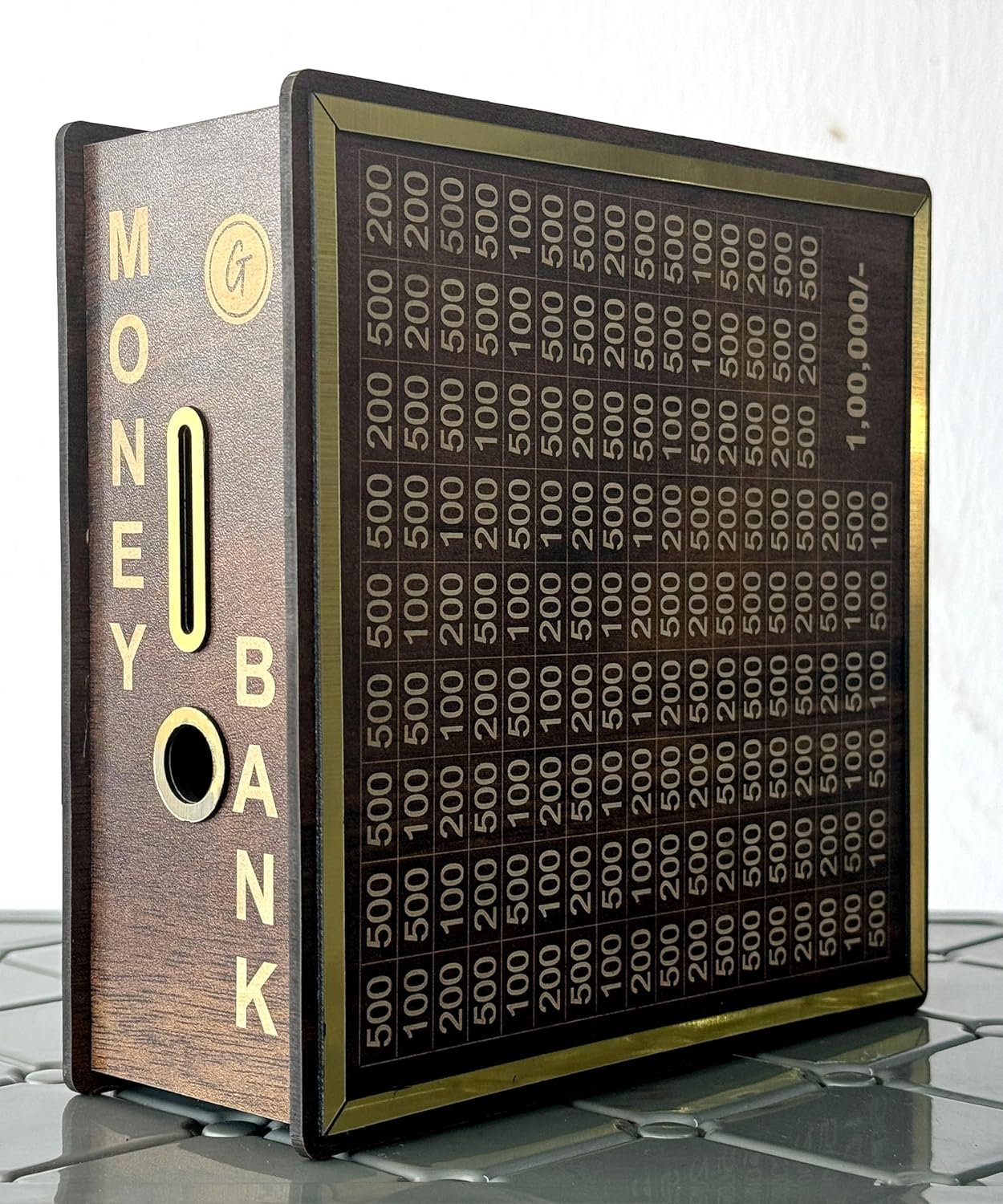 Wooden Money Bank Box with Grid Pattern
