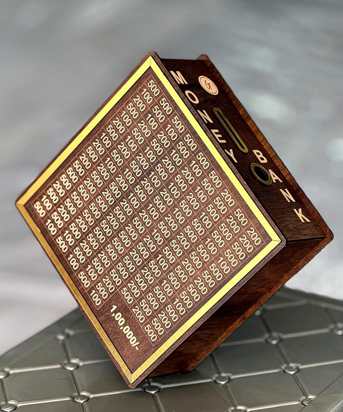 Wooden Money Bank Box with Grid Pattern