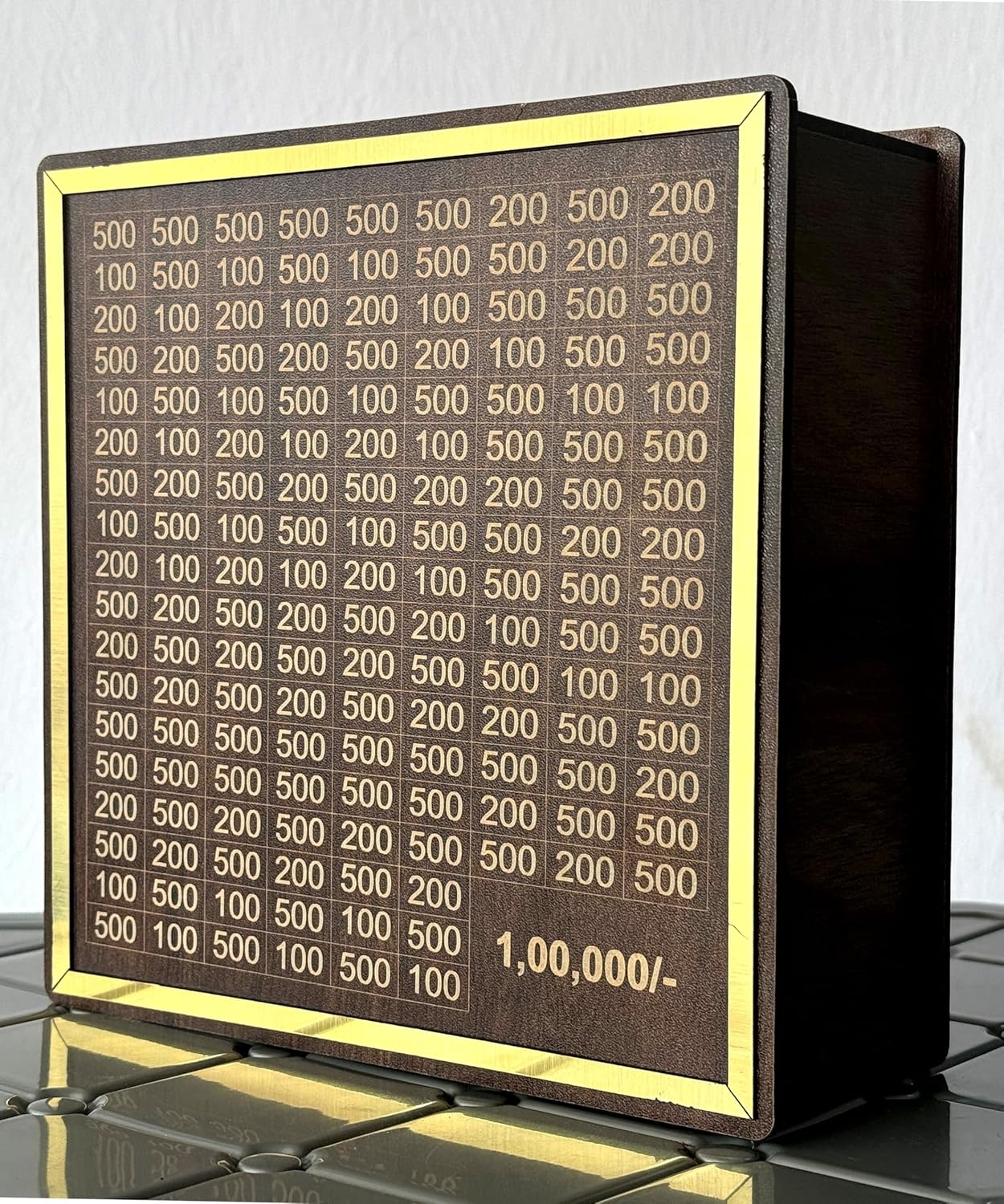 Wooden Money Bank Box with Grid Pattern