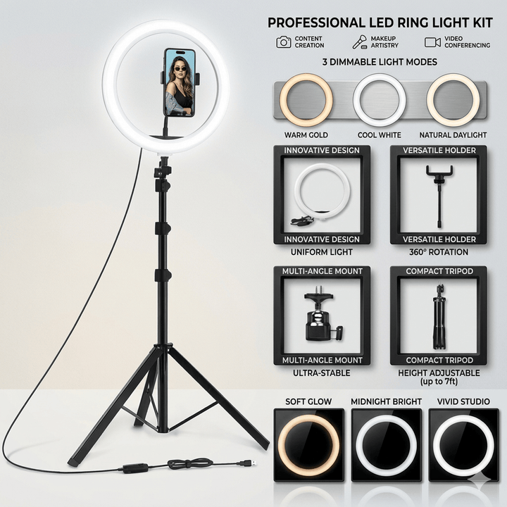 10-Inch Adjustable LED Ring Light with Tripod Stand and Phone Holder