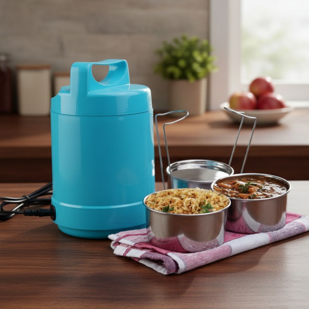 Electro Steel: 3 container electric steel lunch box with Auto cut function