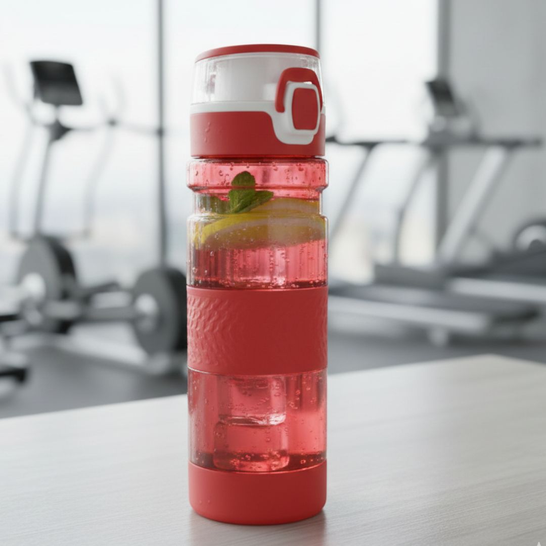 Grip-On: Push button water bottle with silicon grip
