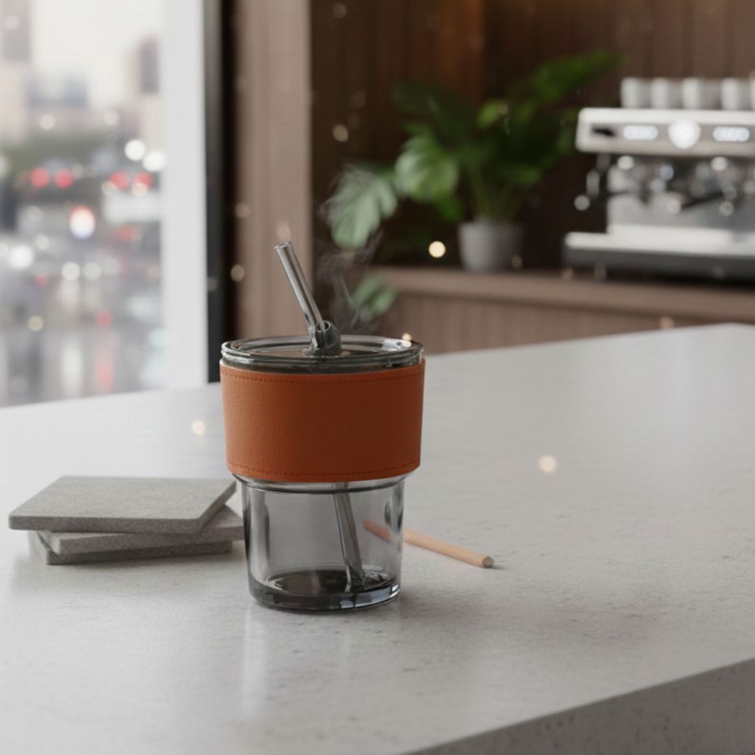 Travel Glass Coffee Mug with Lids and Straws