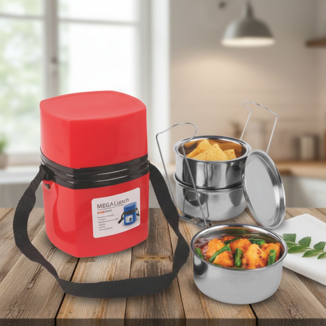 Power Plus Mega Steel Lunch Box- 3 Stainless steel containers with lifter