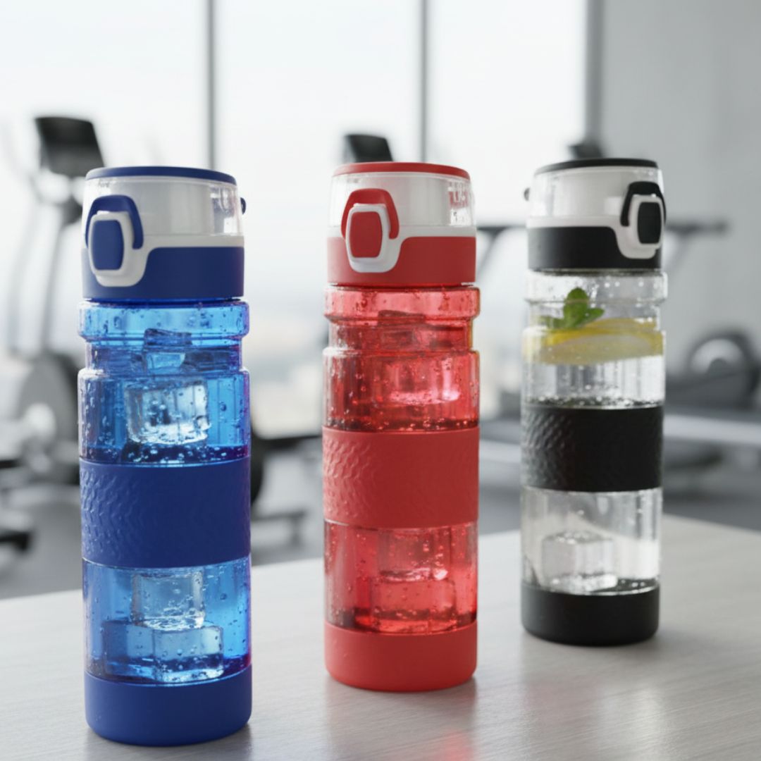 Grip-On: Push button water bottle with silicon grip