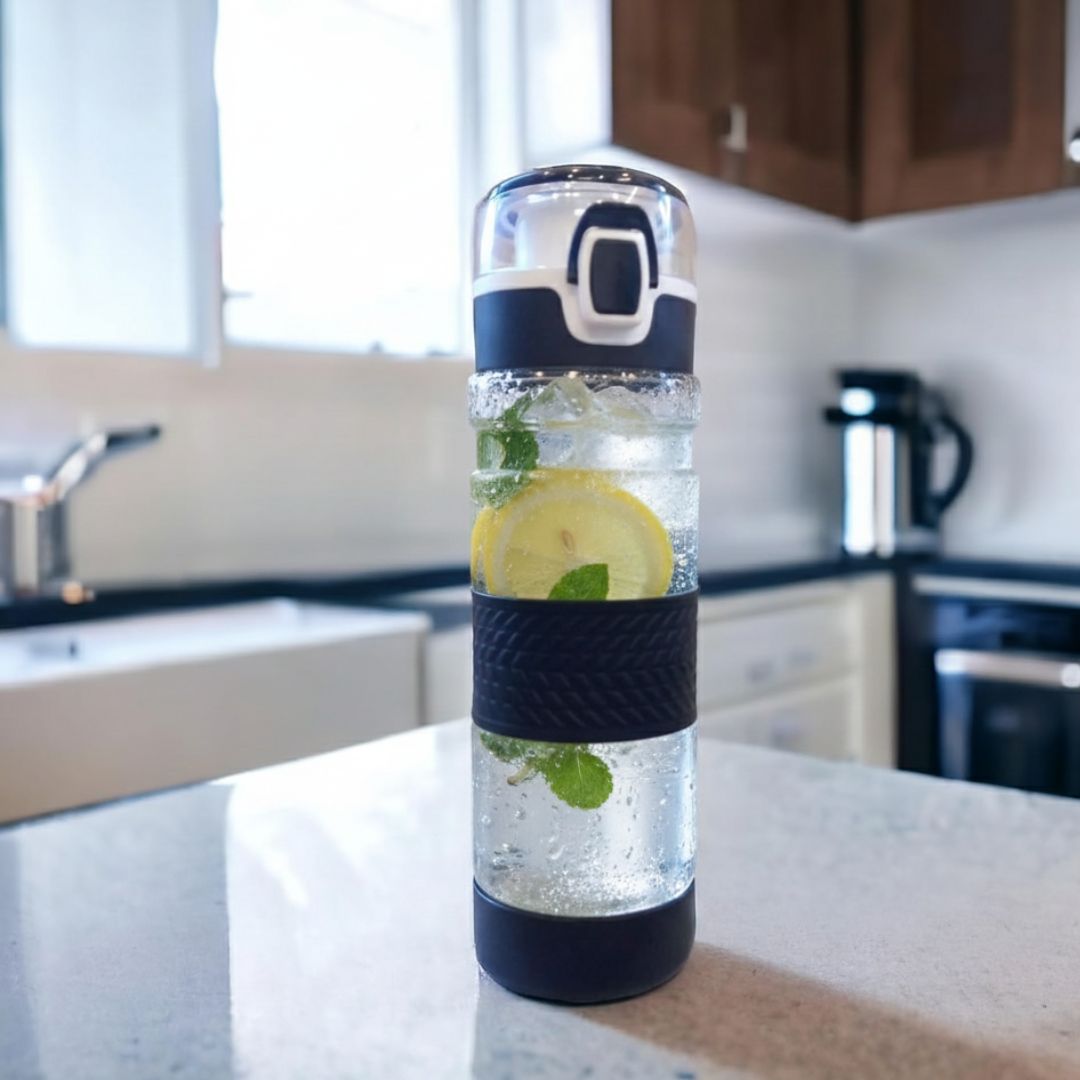 Grip-On: Push button water bottle with silicon grip