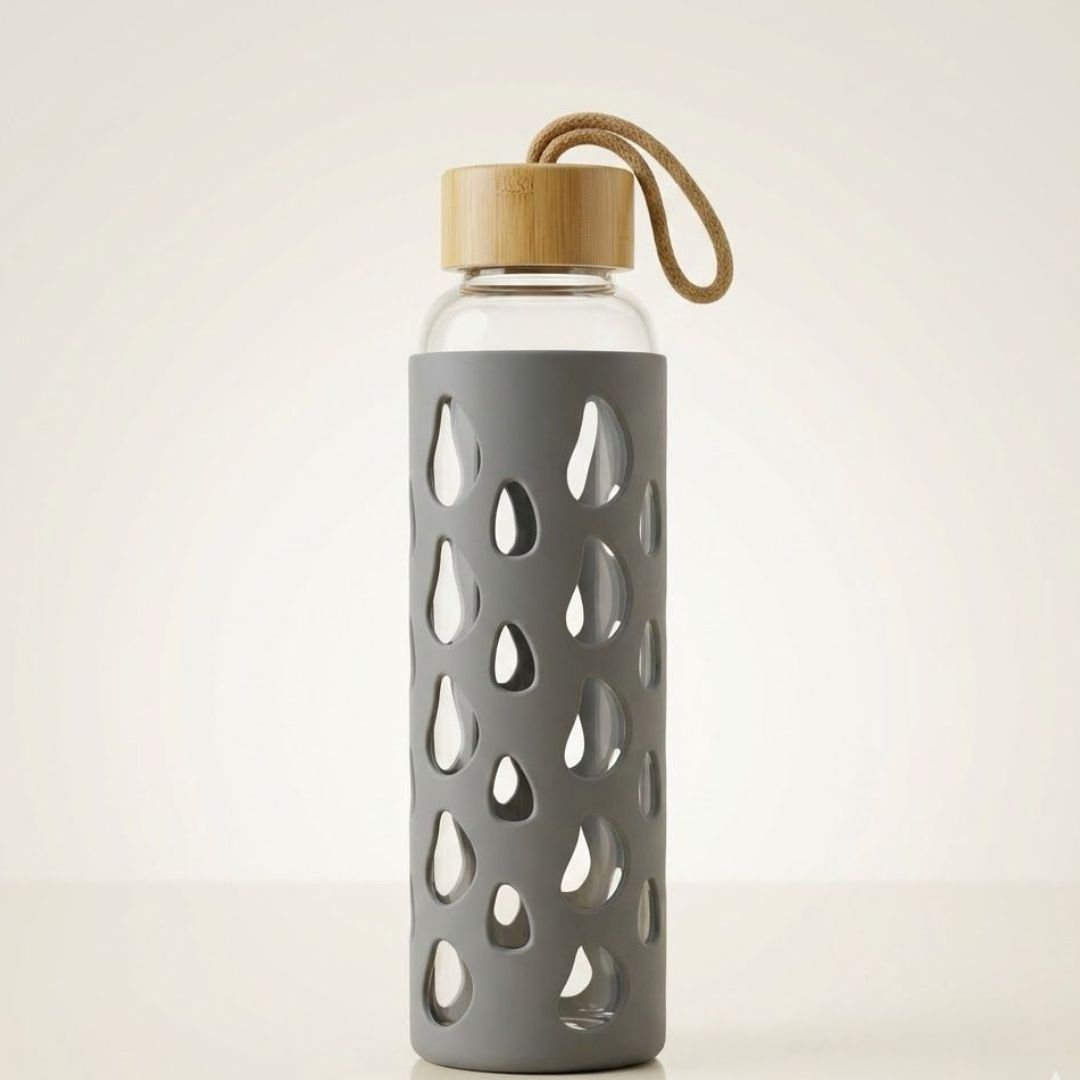 Borosilicate bottle with Bamboo Cap and Silicon sleeve