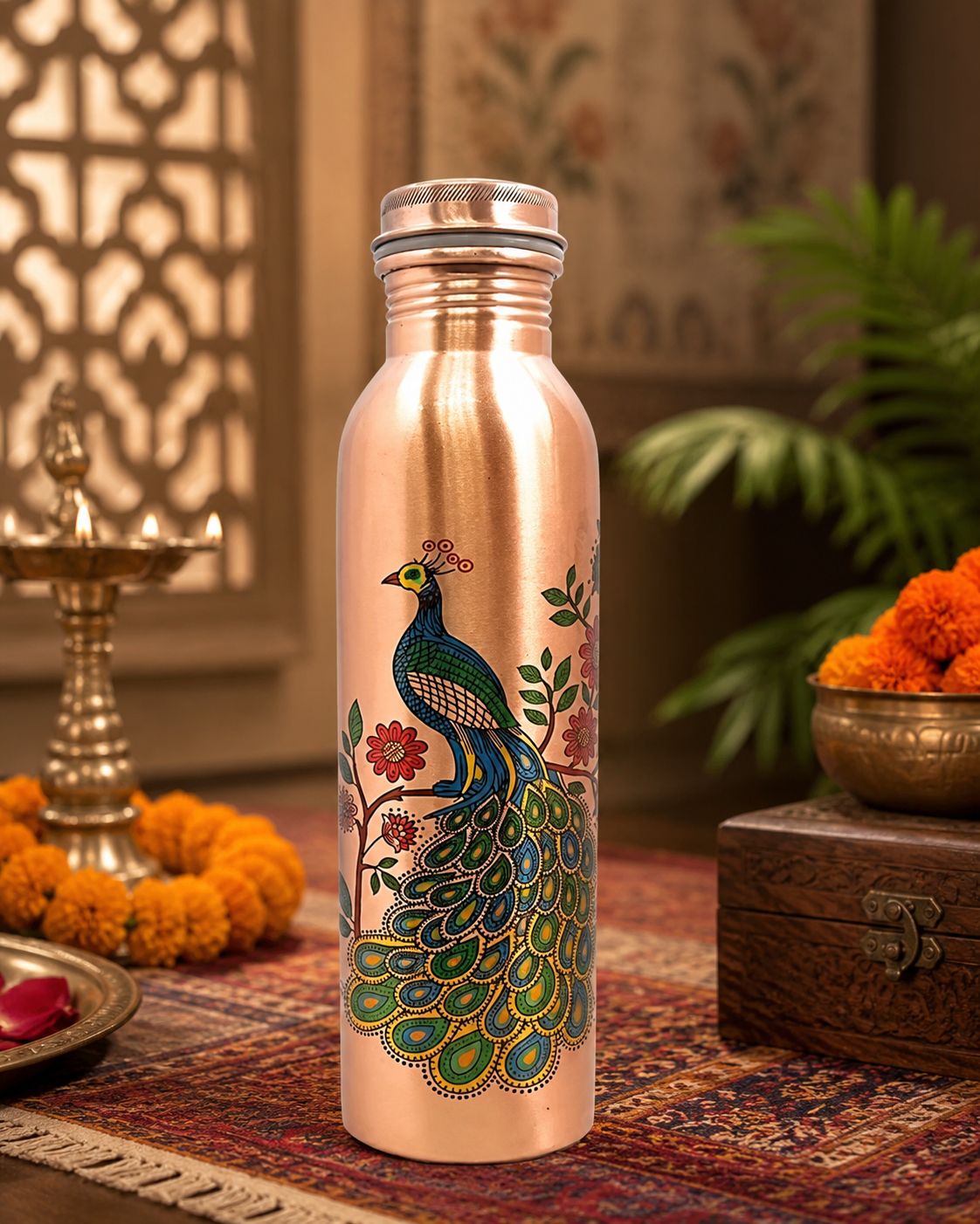Peacock Print Pure Copper Water Bottle - Leak-Proof 950 ML Capacity