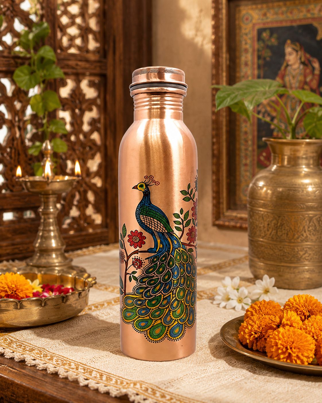 Peacock Print Pure Copper Water Bottle - Leak-Proof 950 ML Capacity