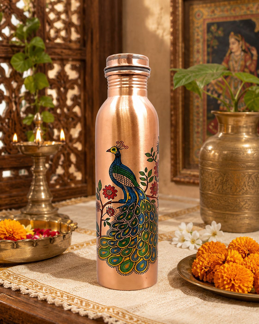 Peacock Print Pure Copper Water Bottle - Leak-Proof 950 ML Capacity