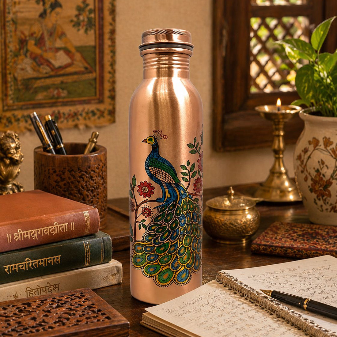 Peacock Print Pure Copper Water Bottle - Leak-Proof 950 ML Capacity