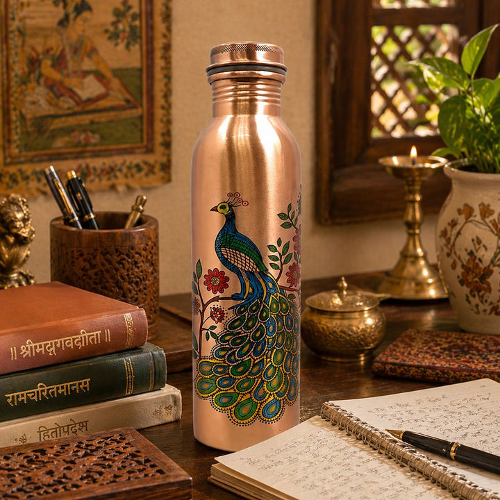 Peacock Print Pure Copper Water Bottle - Leak-Proof 950 ML Capacity