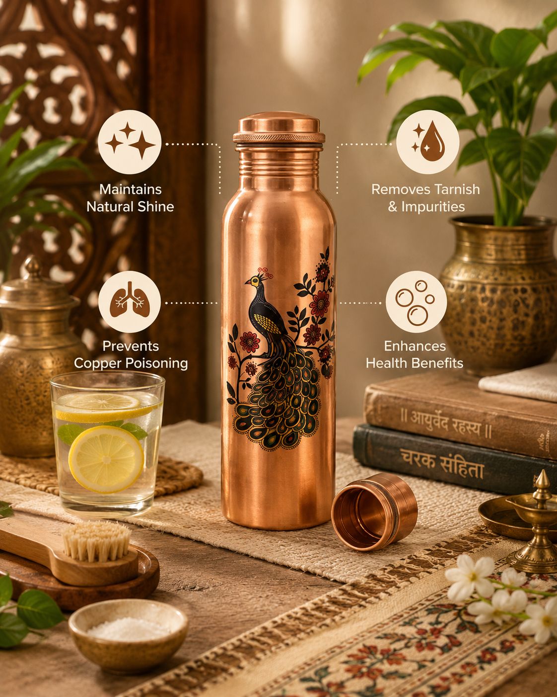 Peacock Print Pure Copper Water Bottle - Leak-Proof 950 ML Capacity