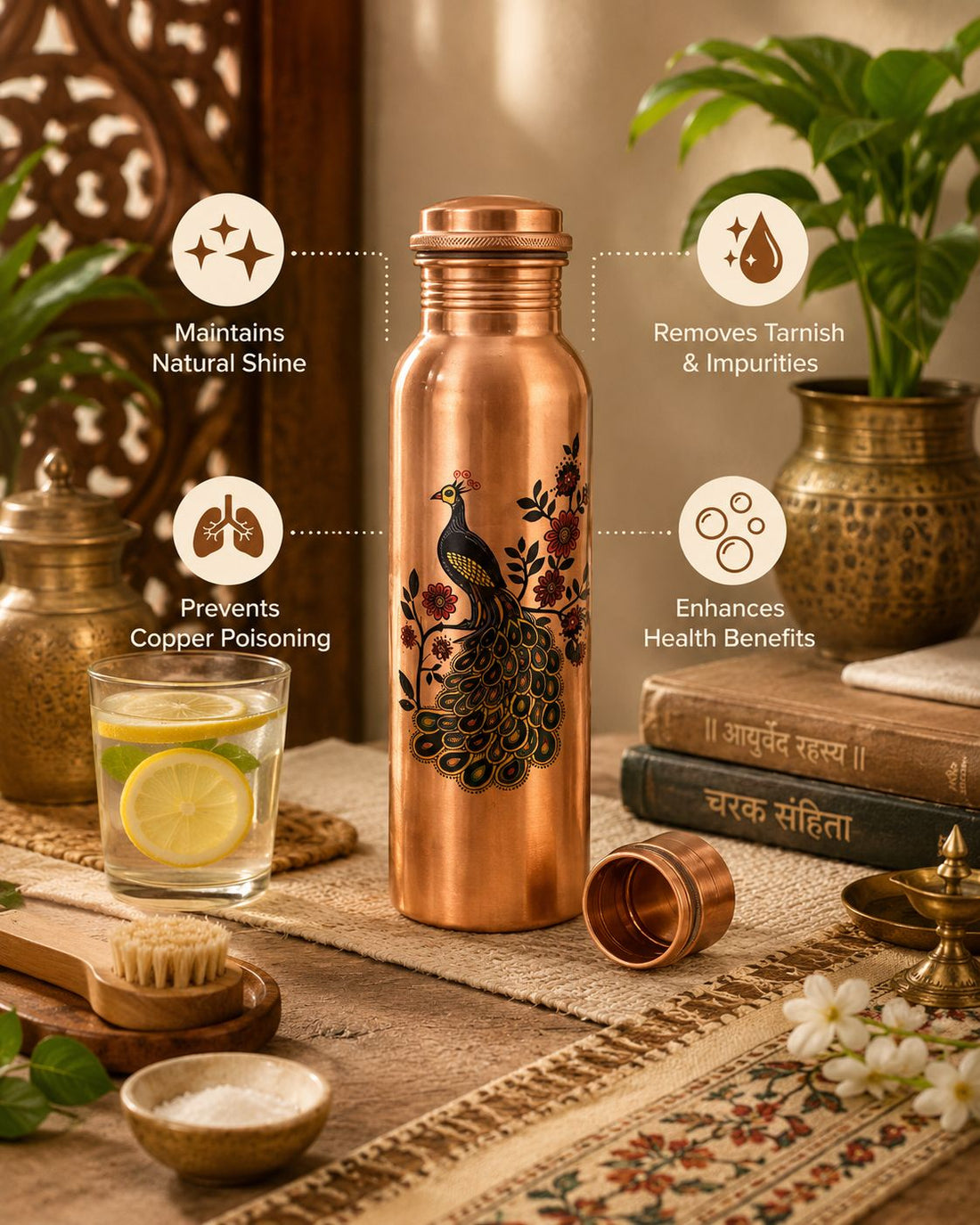 Peacock Print Pure Copper Water Bottle - Leak-Proof 950 ML Capacity