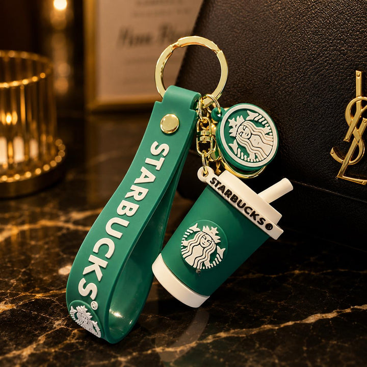 Coffee Cup Keychain with Wristlet Strap, Green and White