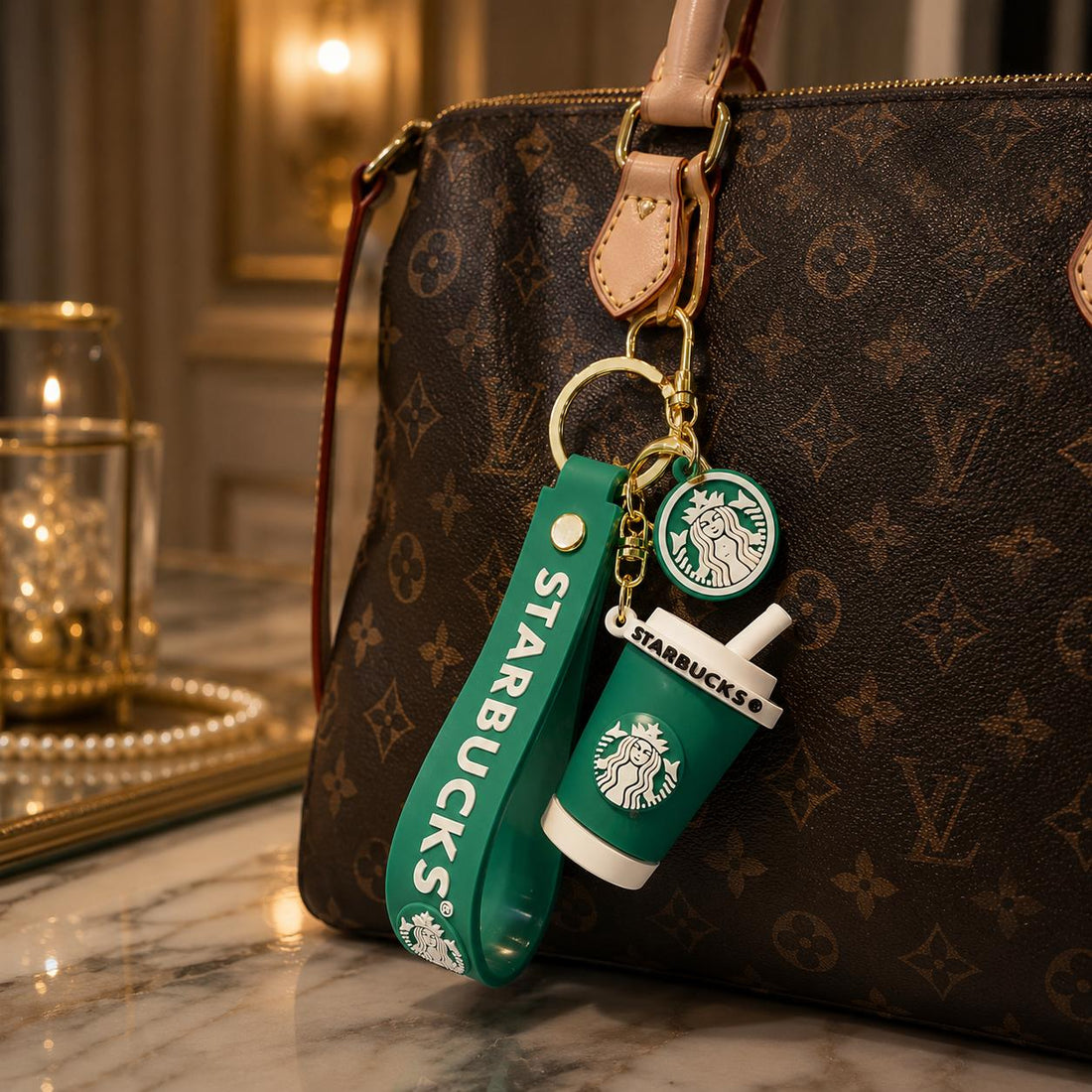 Coffee Cup Keychain with Wristlet Strap, Green and White