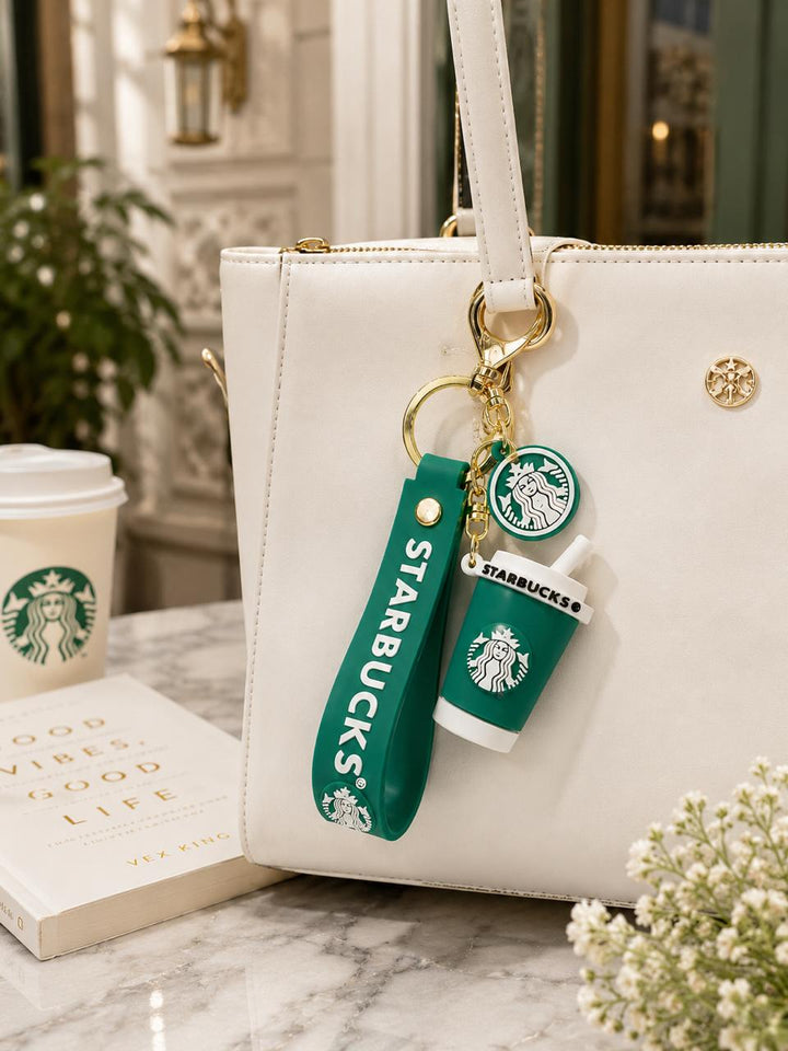 Coffee Cup Keychain with Wristlet Strap, Green and White