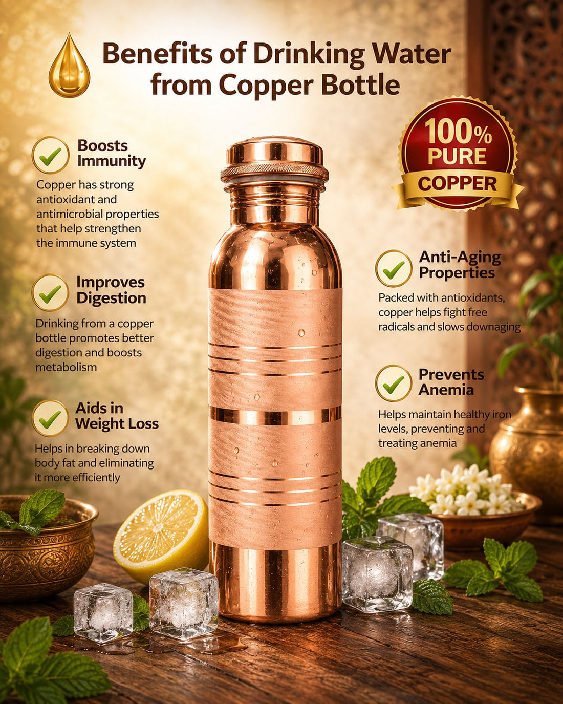 OXON 1 Liter Pure Copper Water Bottle