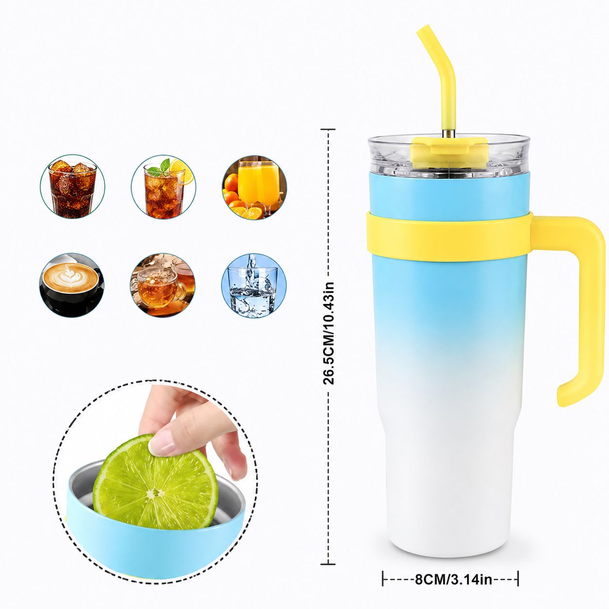 Stainless Steel Tumbler Hot and Cold with Handle and Lid 2 Straw