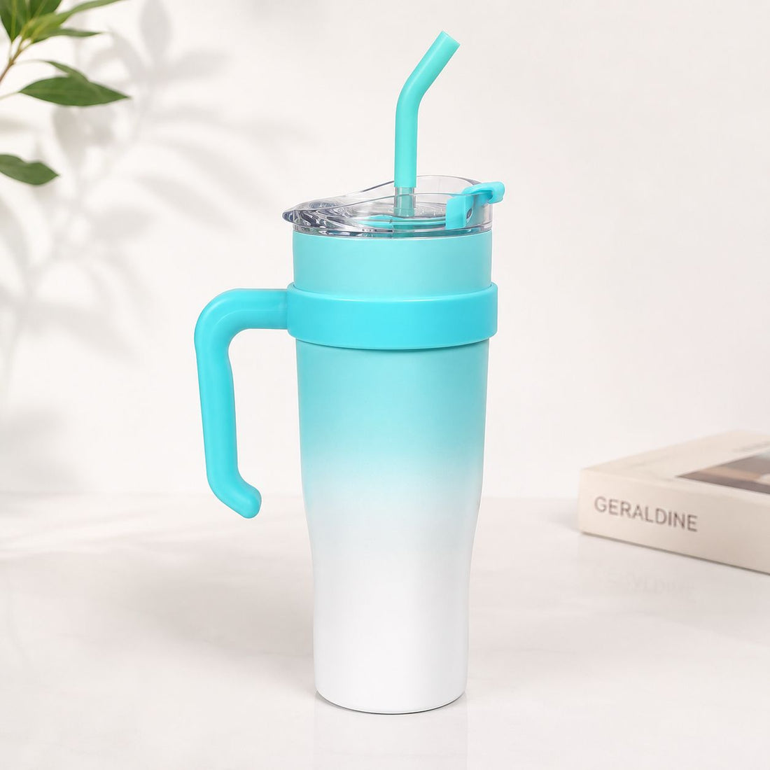 Insulated Tumbler with Handle and Straw & 2-1Lid