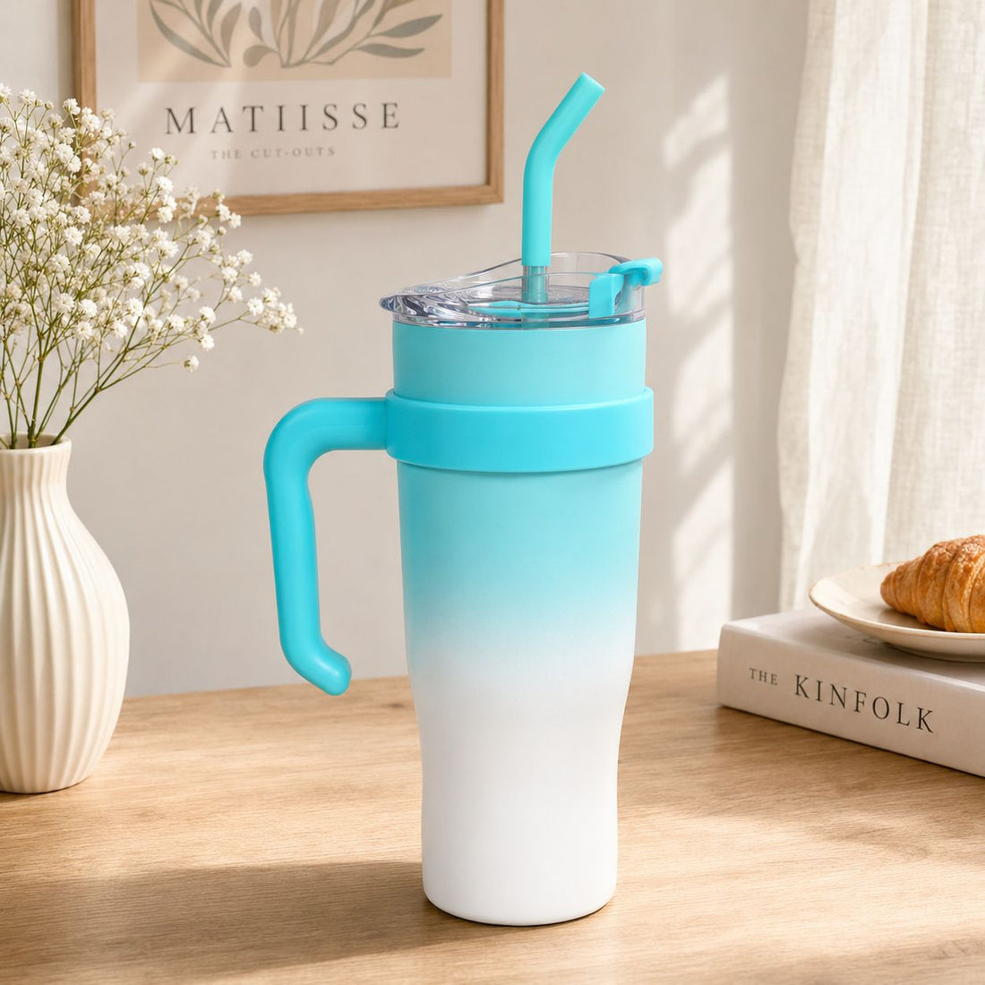 Insulated Tumbler with Handle and Straw & 2-1Lid