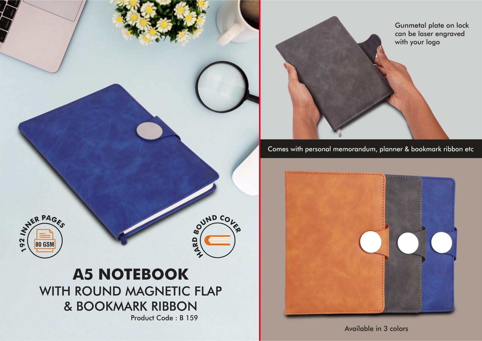 A5 notebook with round magnetic flap