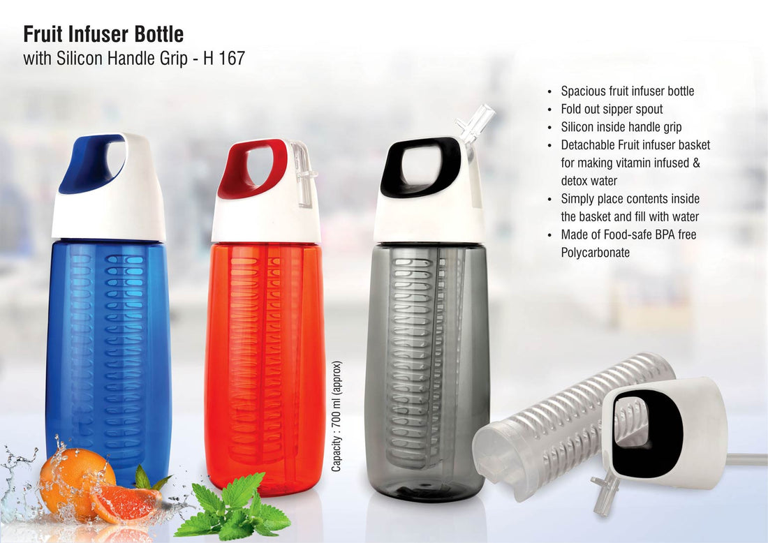 Fruit infuser water bottle with silicon handle grip