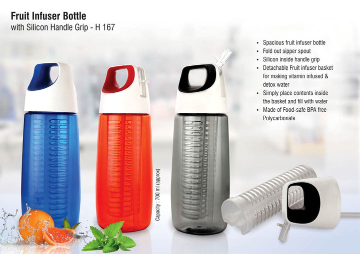 Fruit infuser water bottle with silicon handle grip