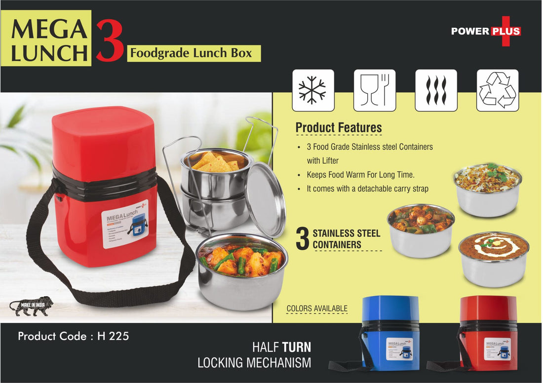 Power Plus Mega Steel Lunch Box- 3 Stainless steel containers with lifter