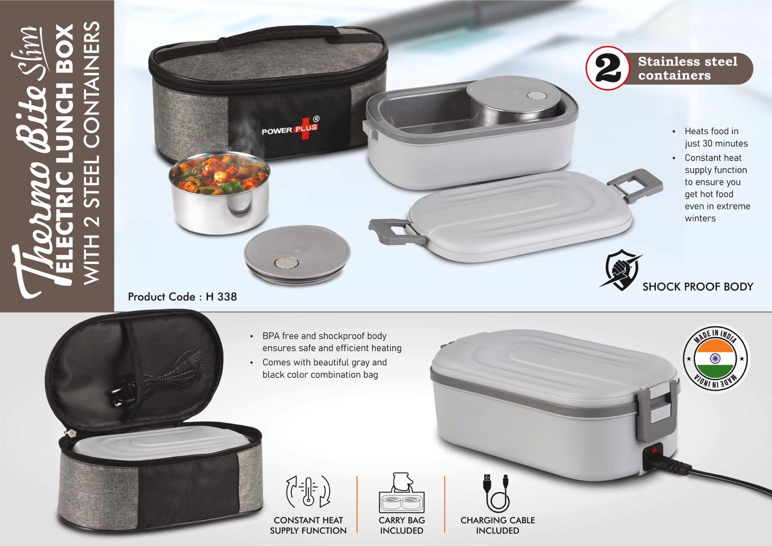 ThermoBite Slim: Electric Lunch Box with 2 Steel Containers
